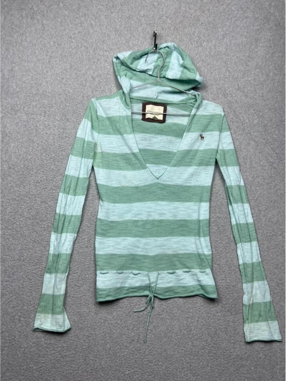 Vtg Abercrombie Fitch Striped Hoodie Tunic V-Neck Y2K Bella Swan Elena Gilbert L